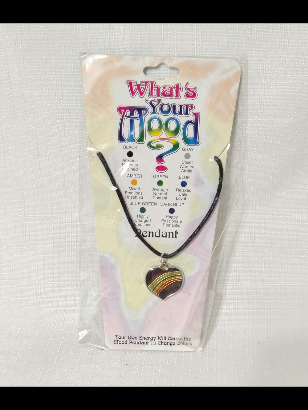 Vintage Heart Shape Mood Necklace Color Changing Charm on Black Cord New!